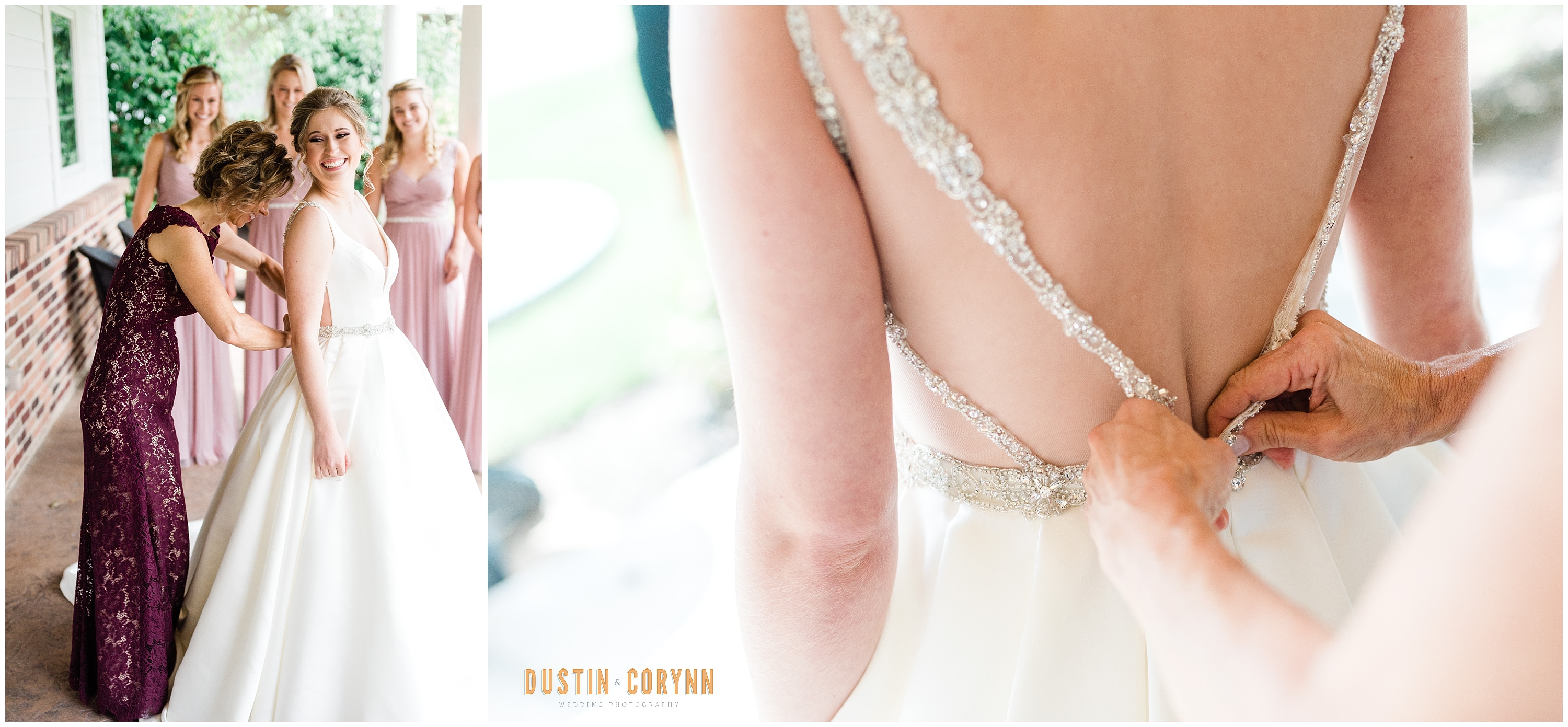 Fort Wayne wedding photographer captures bride getting wedding dress buttoned up before Sycamore Hills Golf Club Wedding
