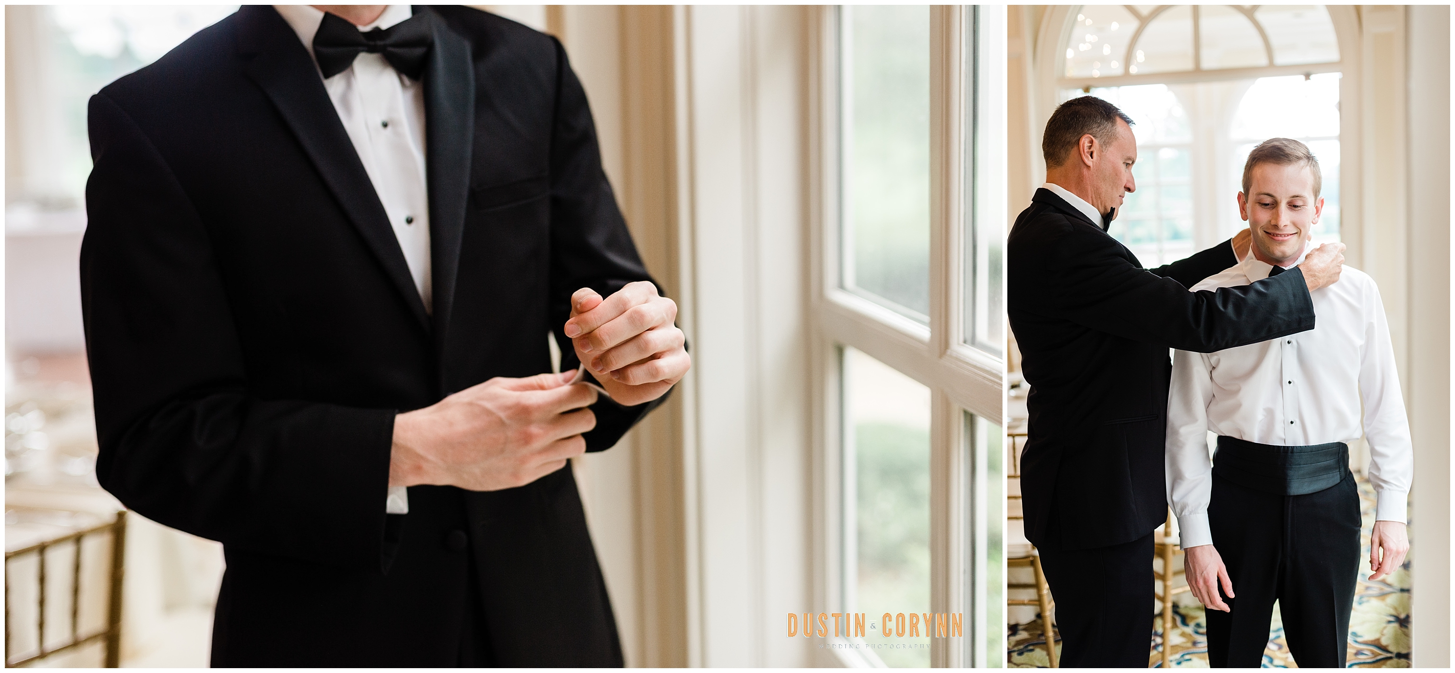 Fort Wayne wedding photographer captures groom buttoning cufflinks before Sycamore Hills Golf Club wedding