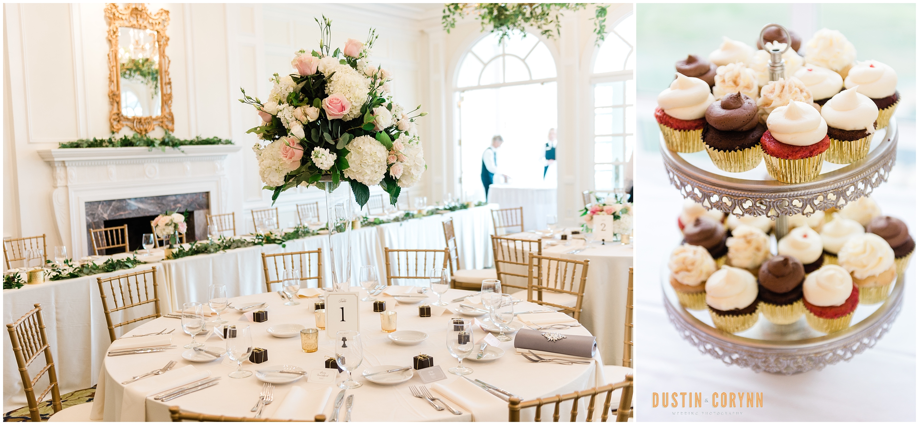 Fort Wayne wedding photographer captures Sycamore Hills Golf Club wedding reception space with desserts and table decor
