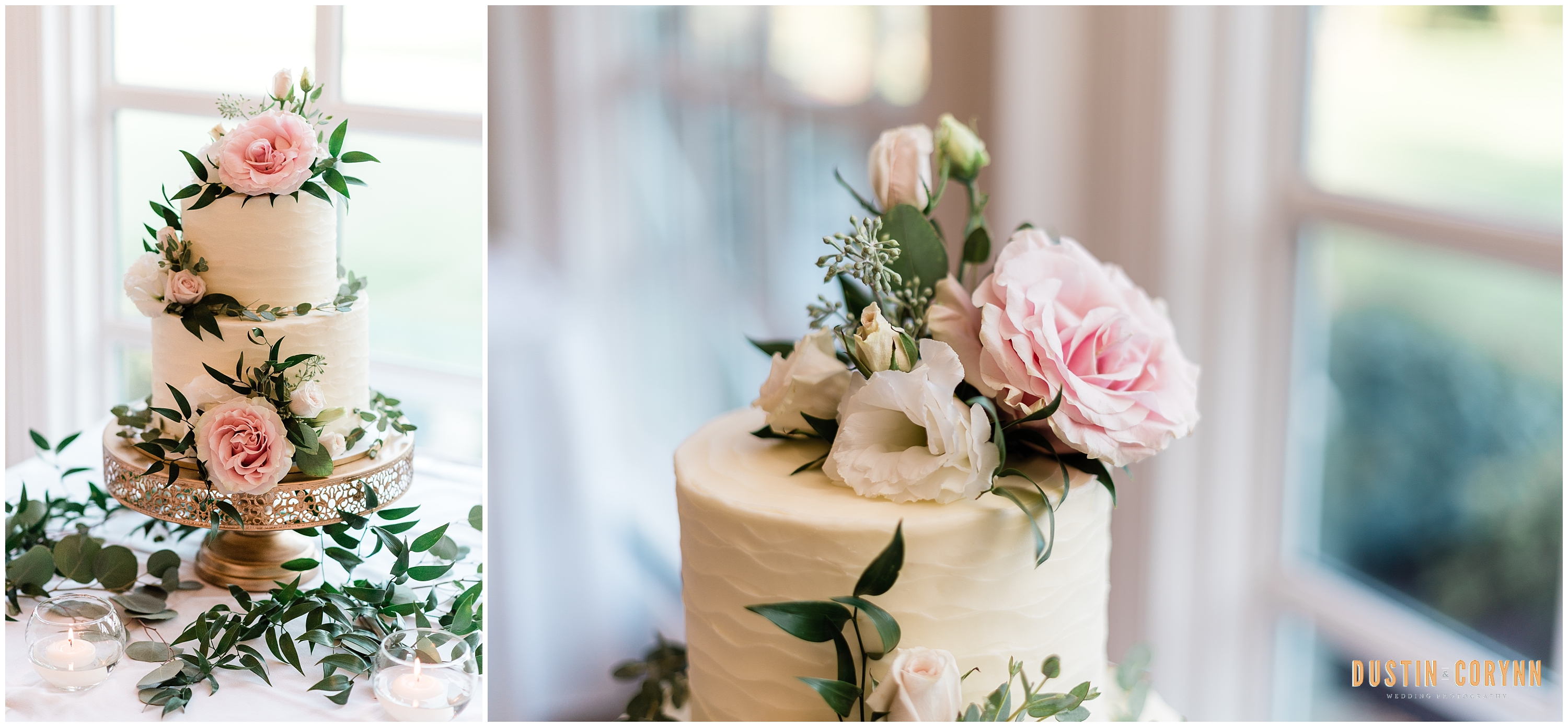 Fort Wayne wedding photographer captures beautiful 3 tiered white wedding cake with flowers and greenery
