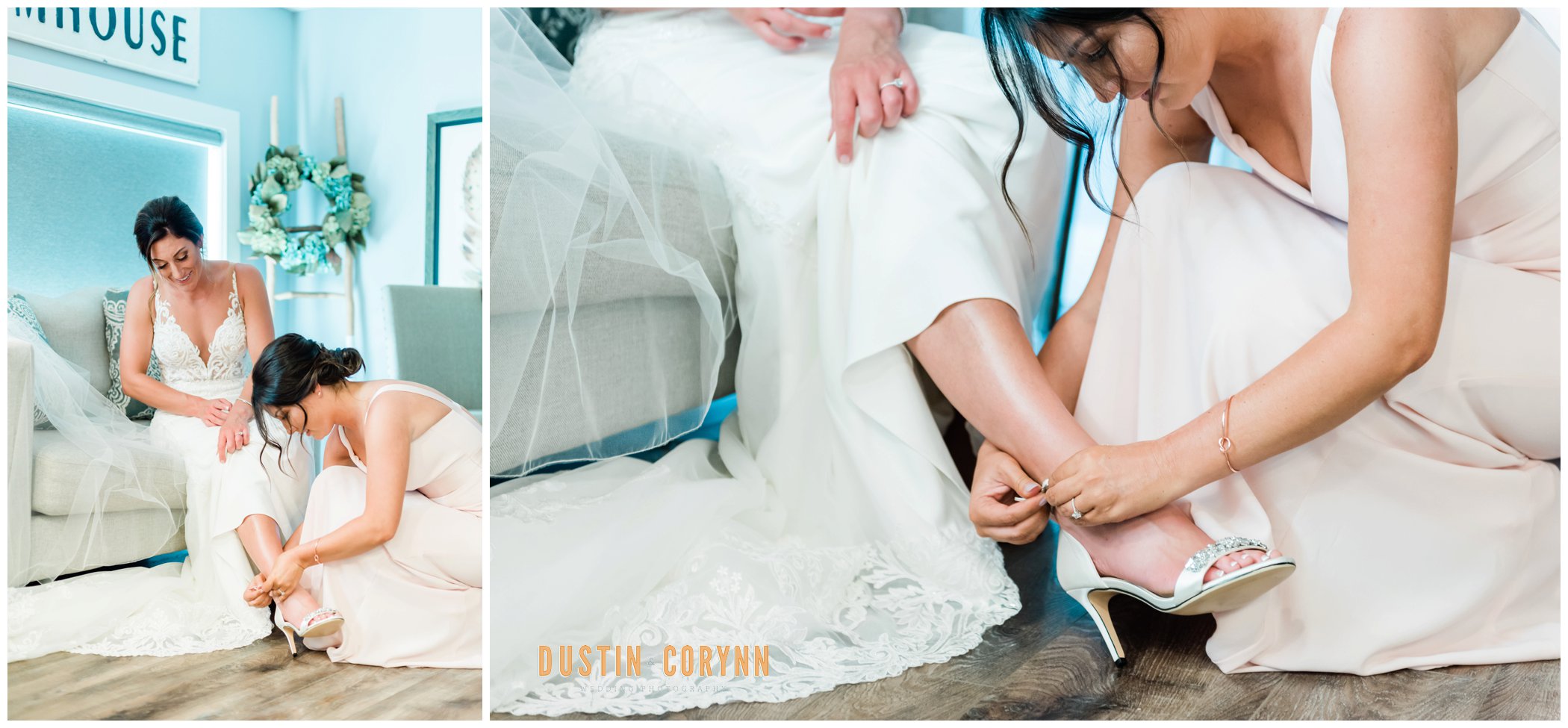 Bridesmaid Helping Bride with Wedding Day Shoes