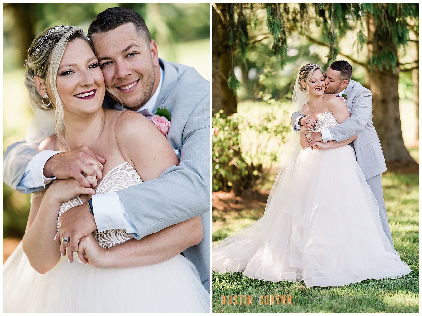 bridal portraits with the bride and groom in a garden with tall trees at Fort Wayne wedding venue captured by Fort Wayne wedding photographers