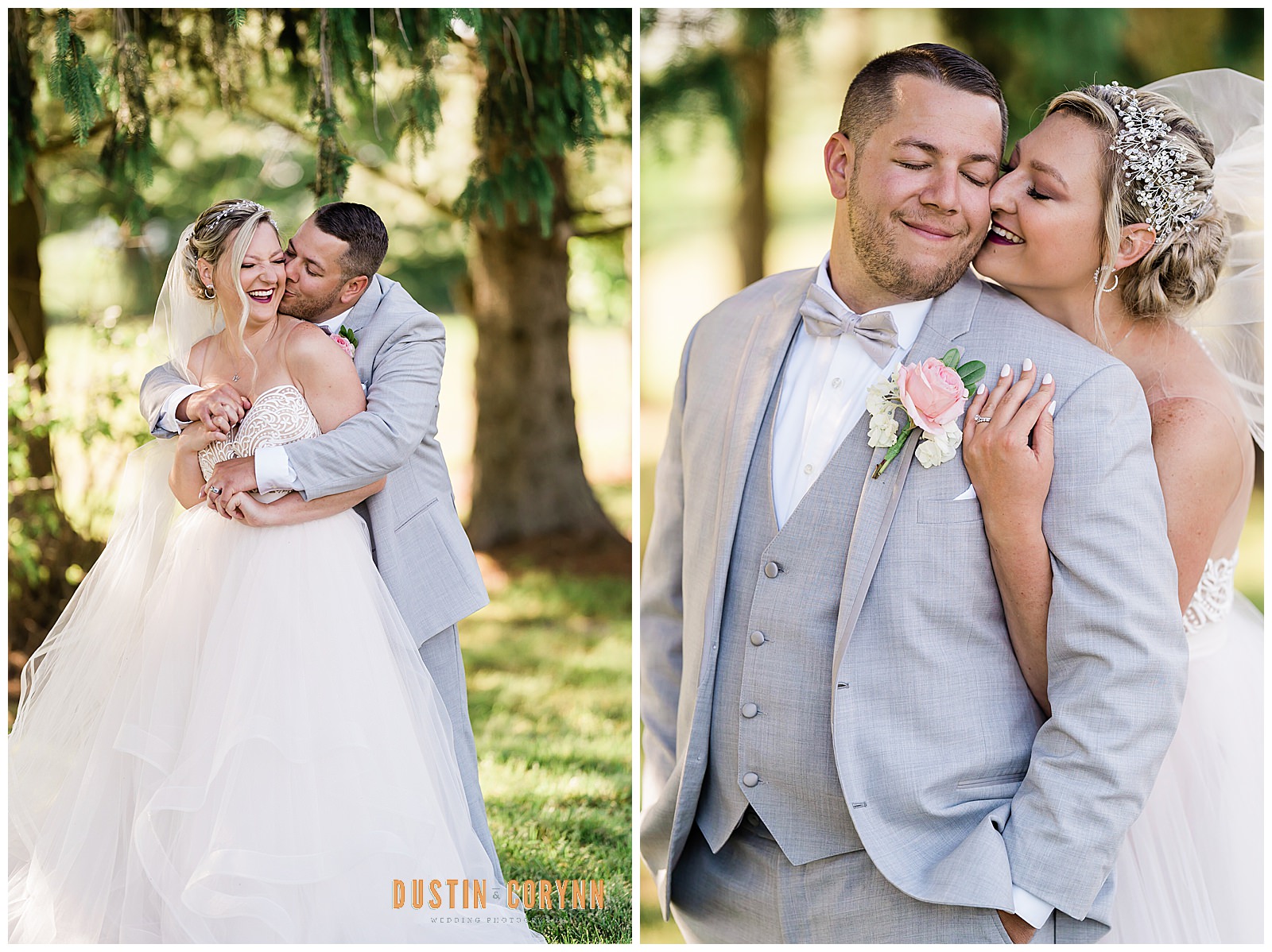 bride and groom portraits in Fort Wayne with the couple hugging and smiling as they are outside for their spring wedding