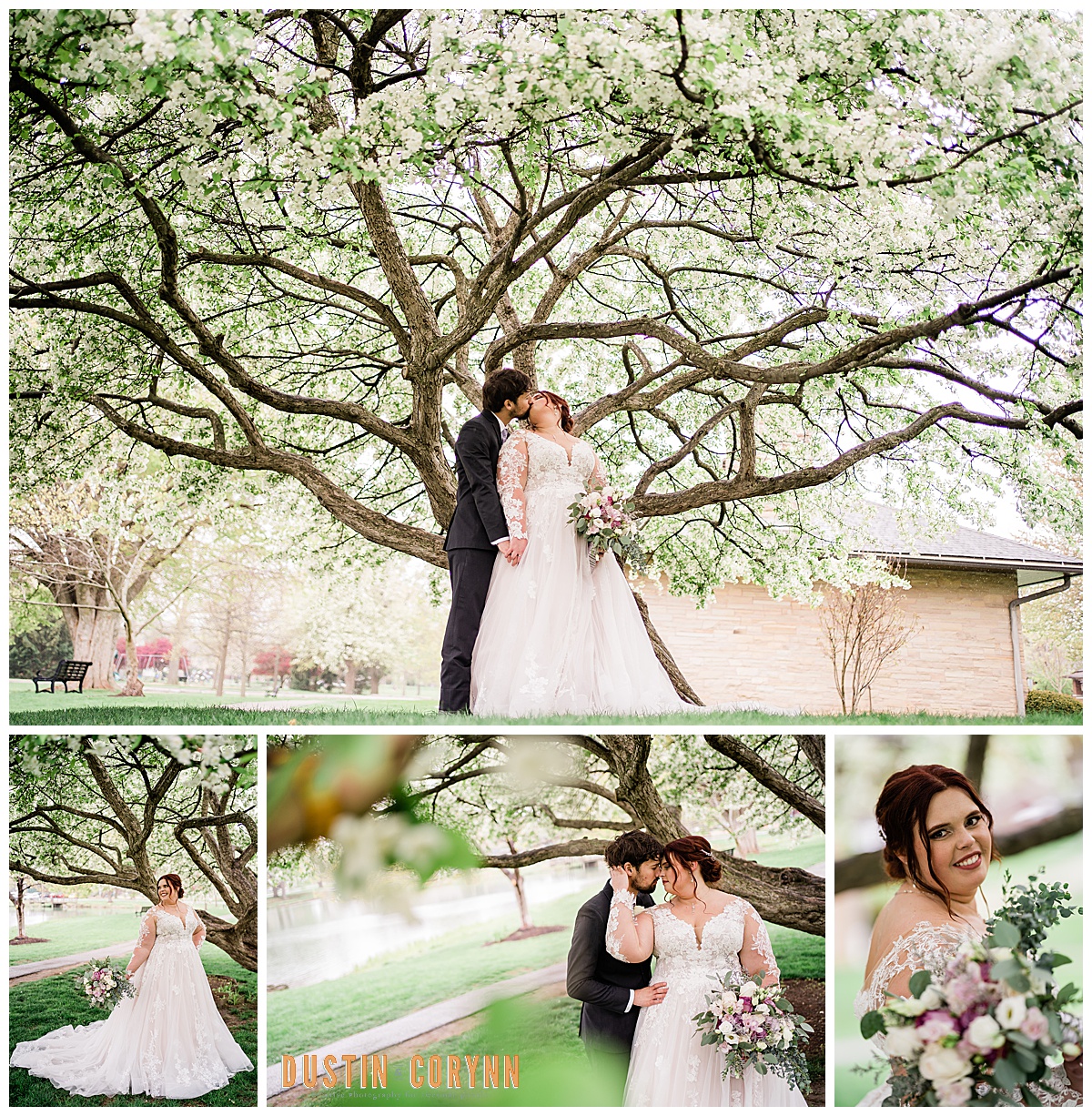 Spring wedding with bride and groom holding hands under a blooming blossom tree