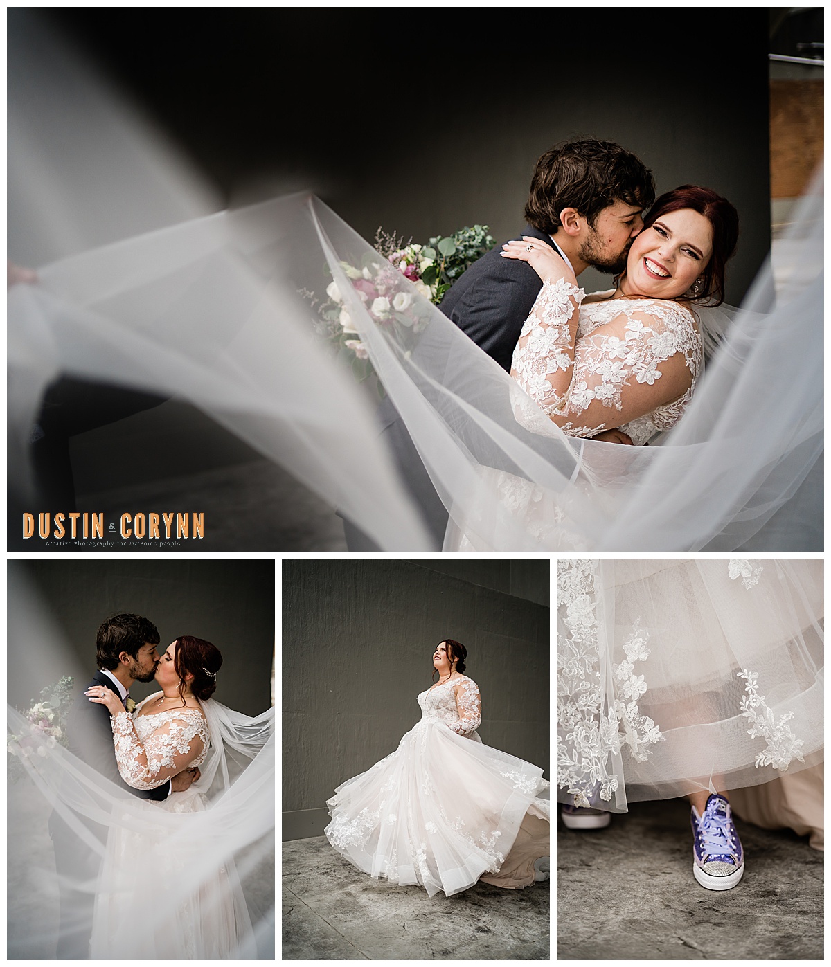 bridal photos with bride in a lace long sleeve gown dancing with her groom