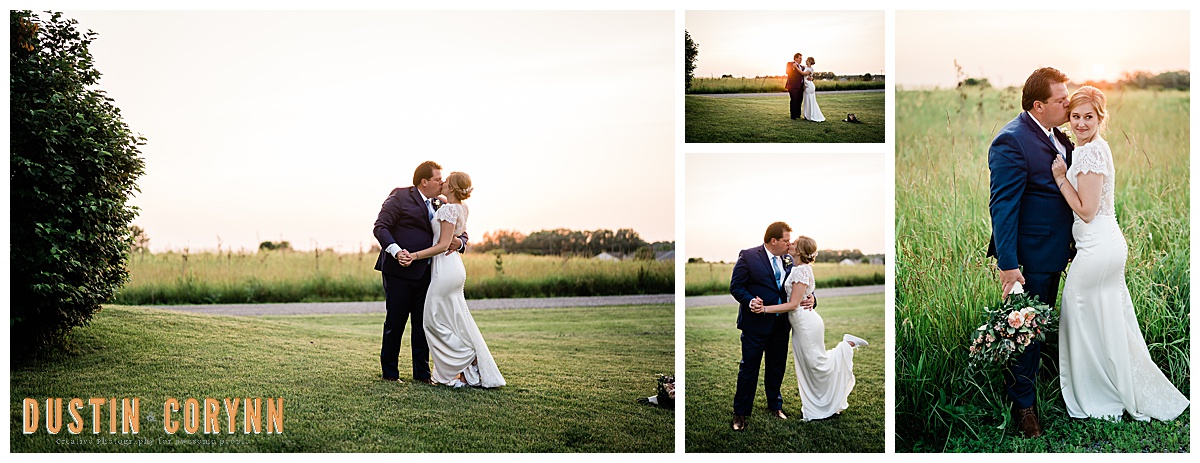 outdoor wedding photos by Fort Wayne wedding photographers with bride and groom in an open field at sunset