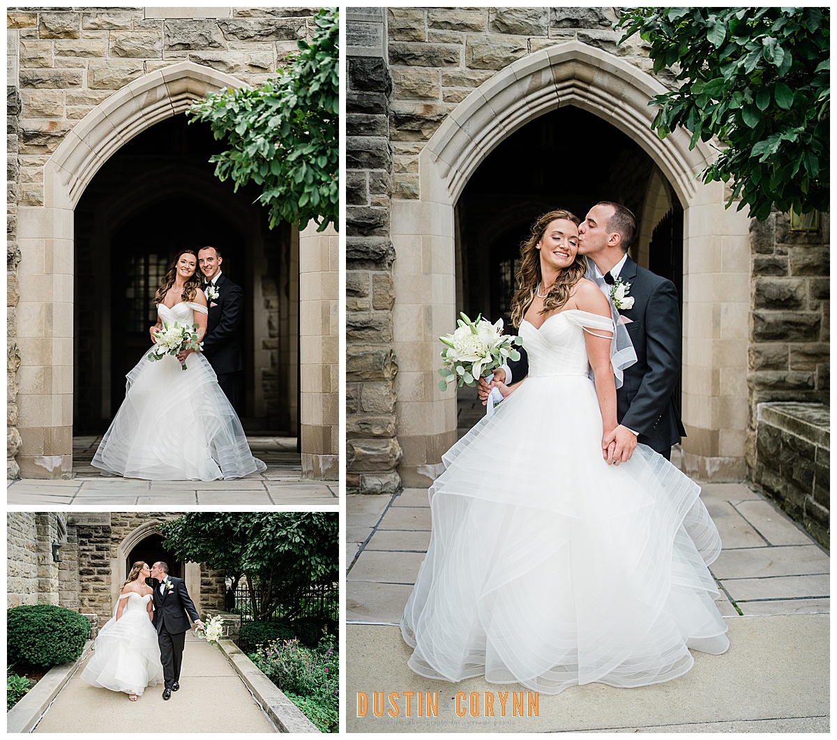 bride adn groom posing outside of a stone wedding venue in Fort Wayne as they hold hands and kiss