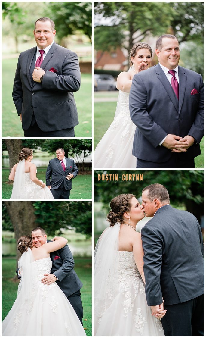 Fort Wayne wedding photographers capture first look with groom on Fort Wayne wedding day