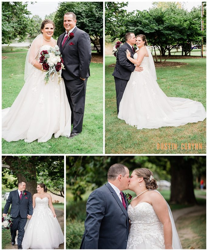 Fort Wayne wedding photographers capture bride standing with groom kissing