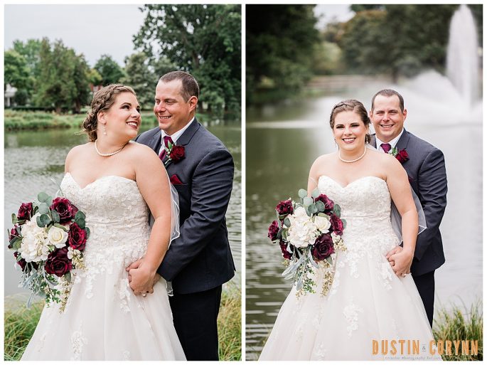 Fort Wayne wedding photographer captures groom hugging bride during outdoor portraits