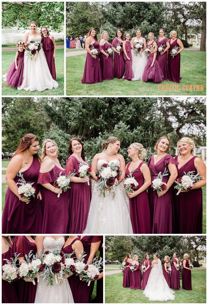 Fort Wayne wedding photographers capture bride holding bridal bouquet with bridesmaids wearing red gowns