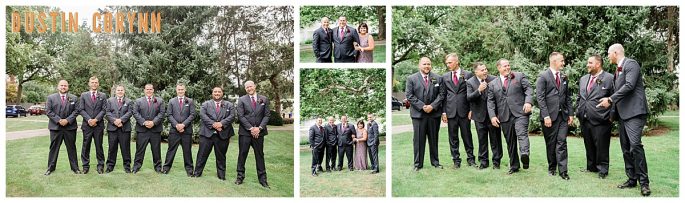 Fort Wayne wedding photographers capture groom standing with groomsmen during portraits
