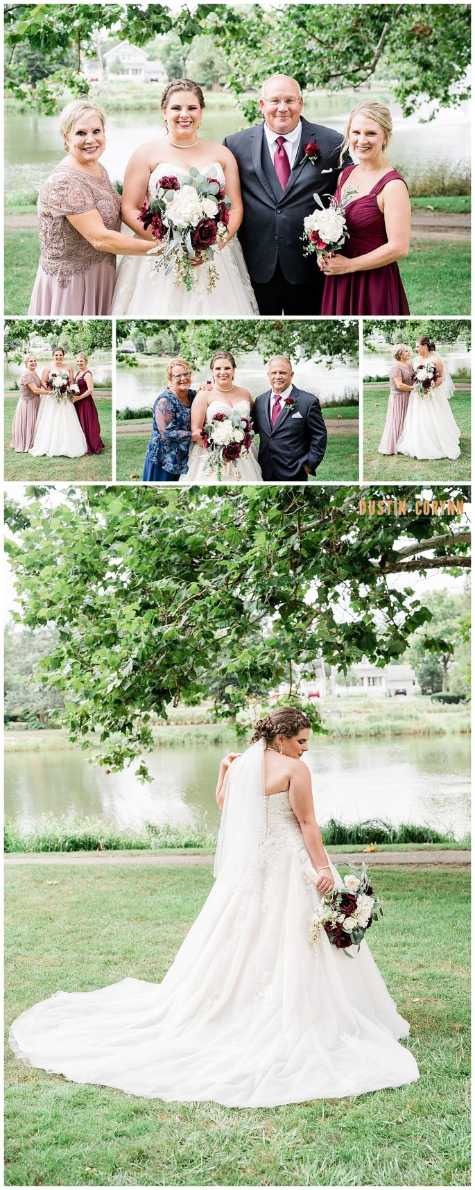 Fort Wayne wedding photographers capture bride holding bouquet with family members