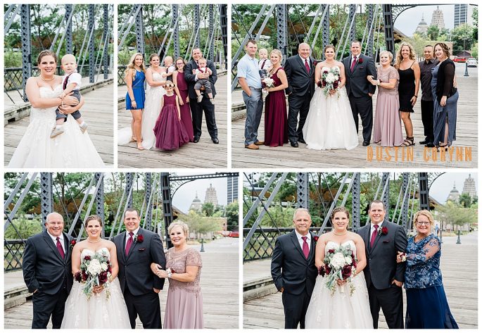 Fort Wayne wedding photographers capture bride and groom standing with family during outdoor bridals