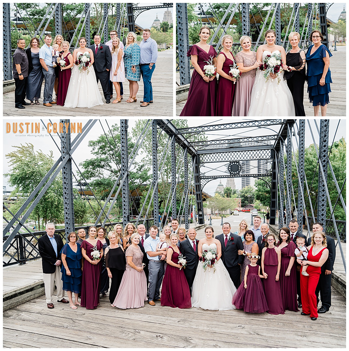 Fort Wayne wedding photographer captures bride and groom standing on bridge for wedding