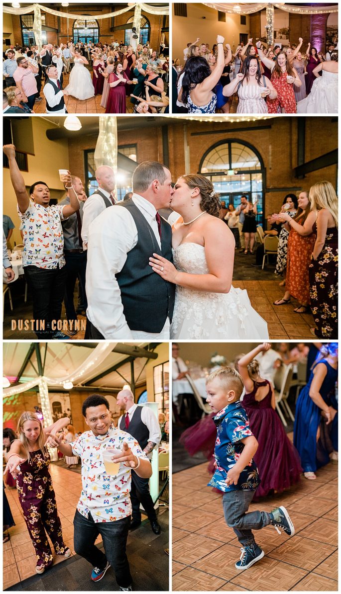 Fort Wayne wedding photographers capture bride and groom kissing and guests dancing