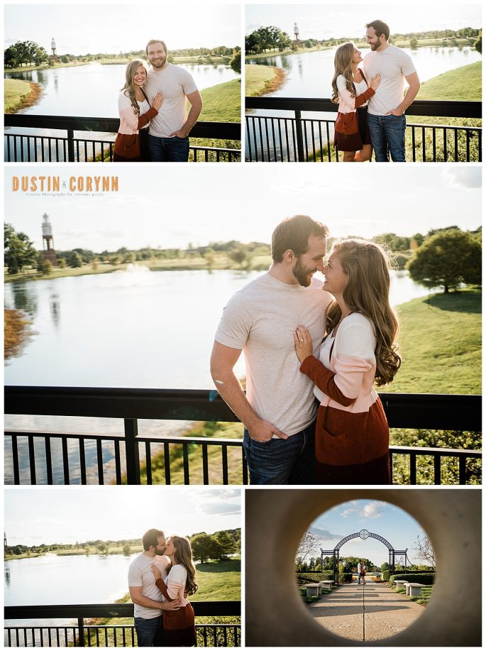 Coxhall Gardens engagement session at a lake with the couple standing on a bridge together