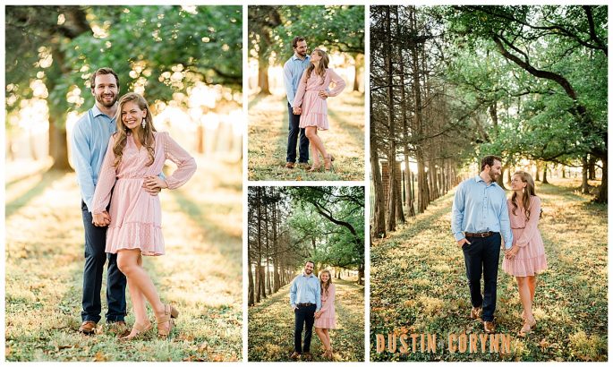formal engagement outfits with the couple standing in a grove of trees in Coxhall Gardens 
