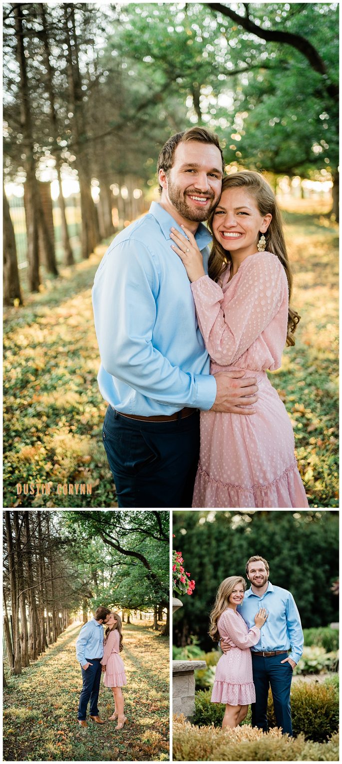engaged couple in formal attire pose in a lush garden in Fort Wayne for their summer engagement session