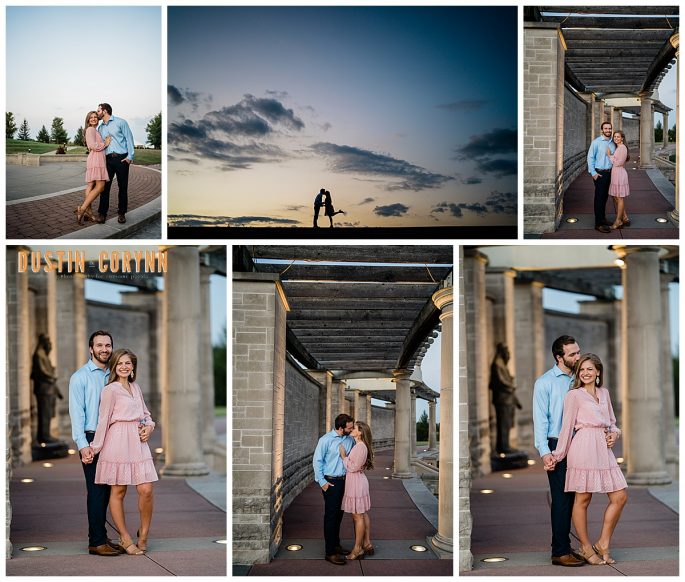 sunset engagement session in Coxhall Gardens with man and woman kissing as the sun sets behind them