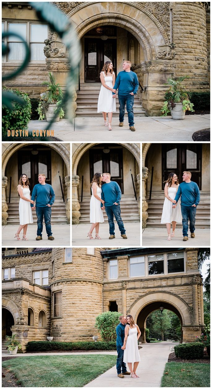 outdoor castle engagement session with woman in elegant white dress in Fort Wayne 