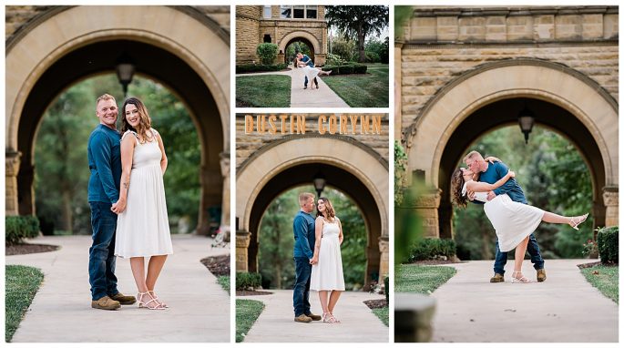 saint francis engagement session in the summer with man dipping the woman as they dance