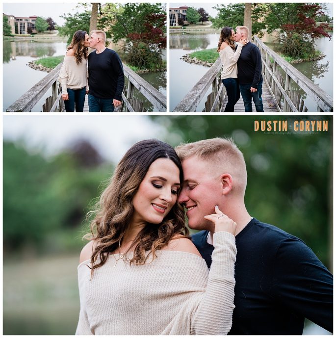 man and woman holding each other in their outdoor engagement session in Saint Francis Indiana 