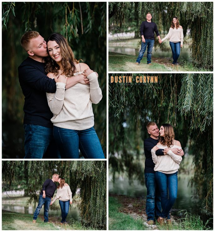 Fort Wayne photographers capture engagement session of man and woman outdoors under a willow tree
