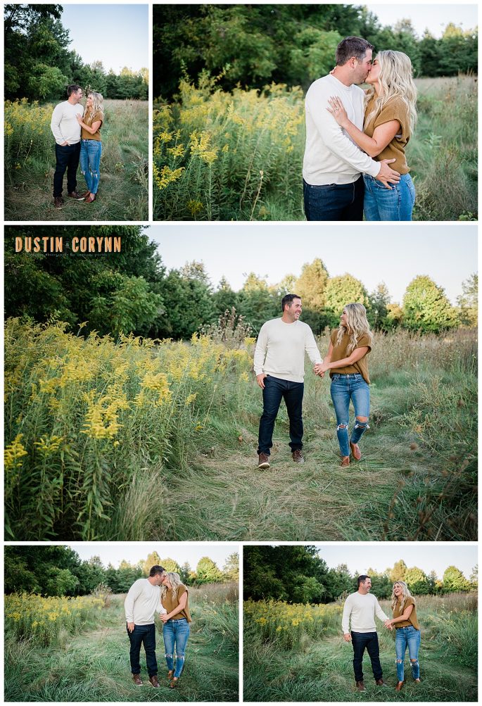 romantic and casual engagement session with man and woman in a green meadow with yellow flowers 