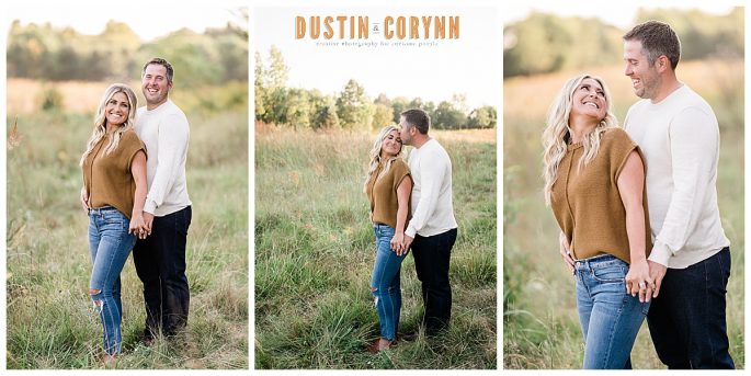 neutral tones outfits for engagement photos with the couple standing close in a field in Indianapolis  