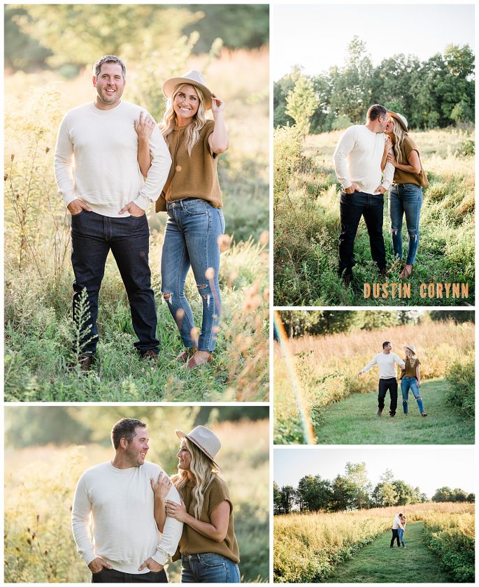 engagement photo posing ideas with man and woman in Indiana holding each other in a meadow at sunset 