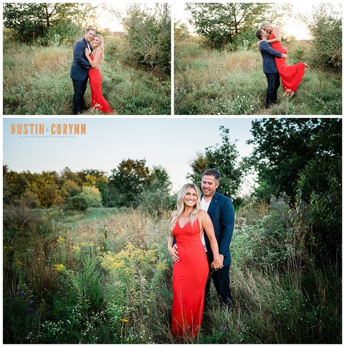 engagement photos in Indiana with man and woman dancing in a field together at sunset in their formal wear