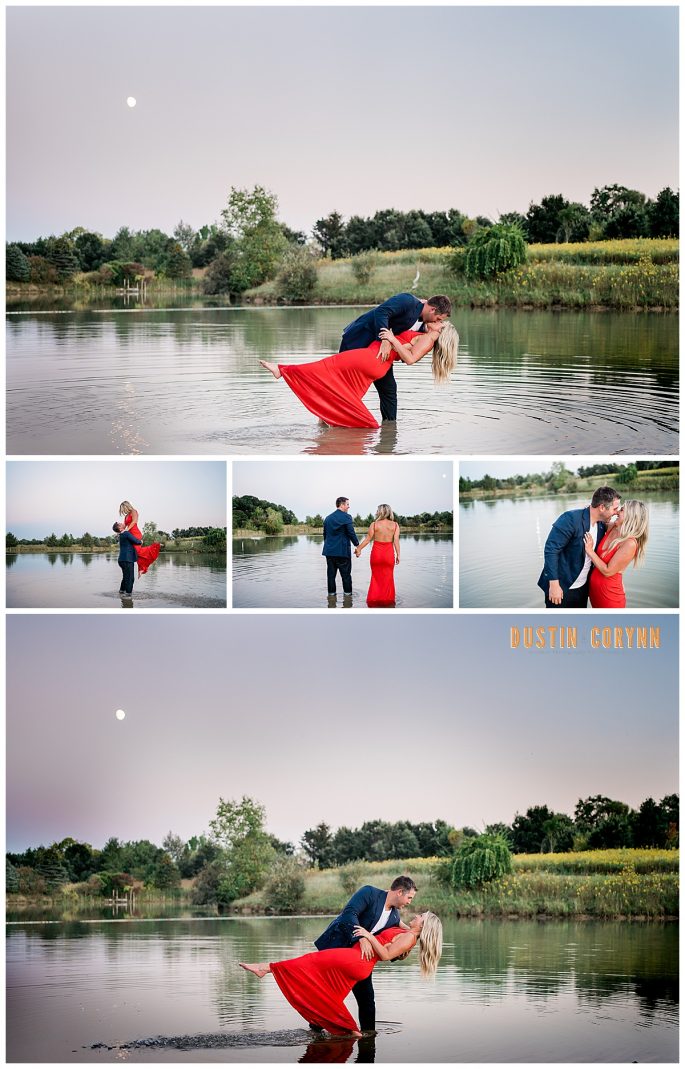 engagement photos with woman in a red dress walking in the water with a man who later dips her as they dance in the river for their Indianapolis engagement session