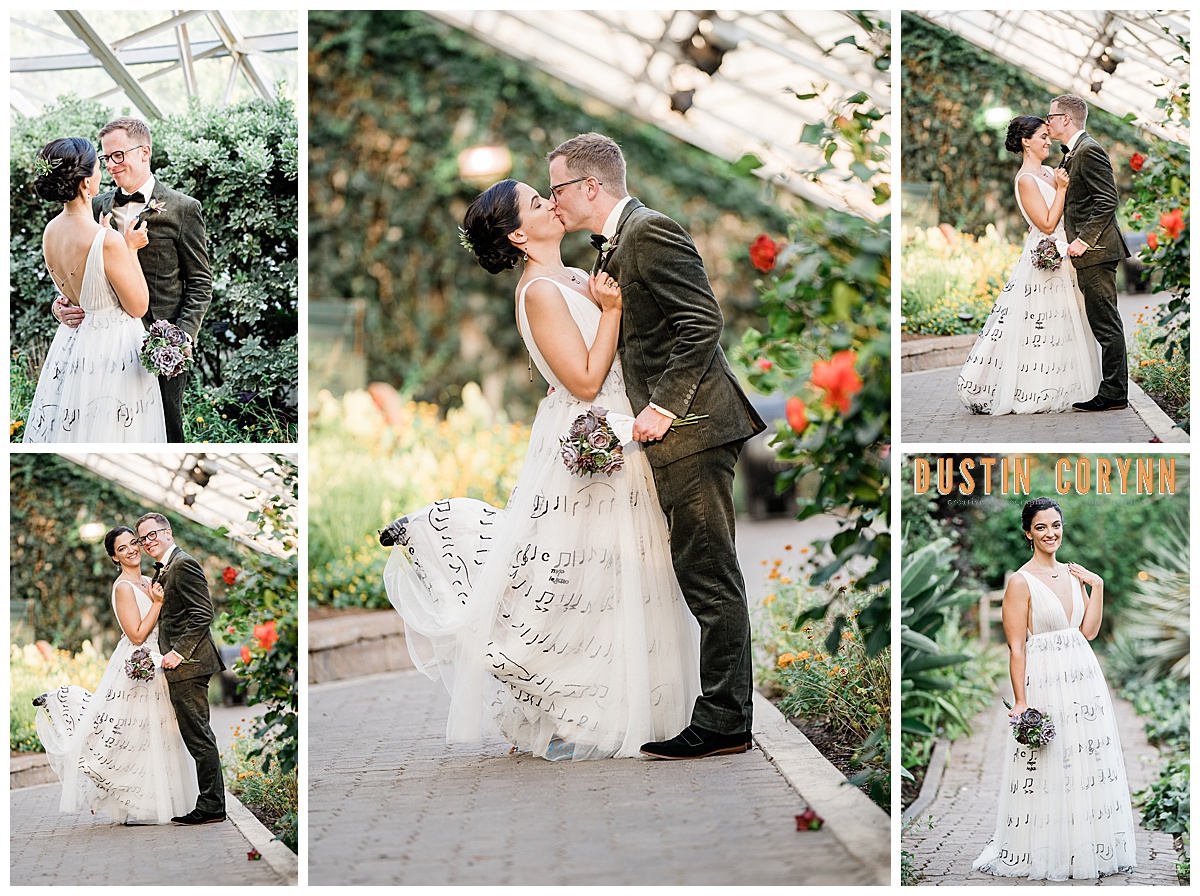 bride in a unique wedding dress with her groom who is wearing a green velvet suit kissing in a greenhouse for their Fort Wayne wedding