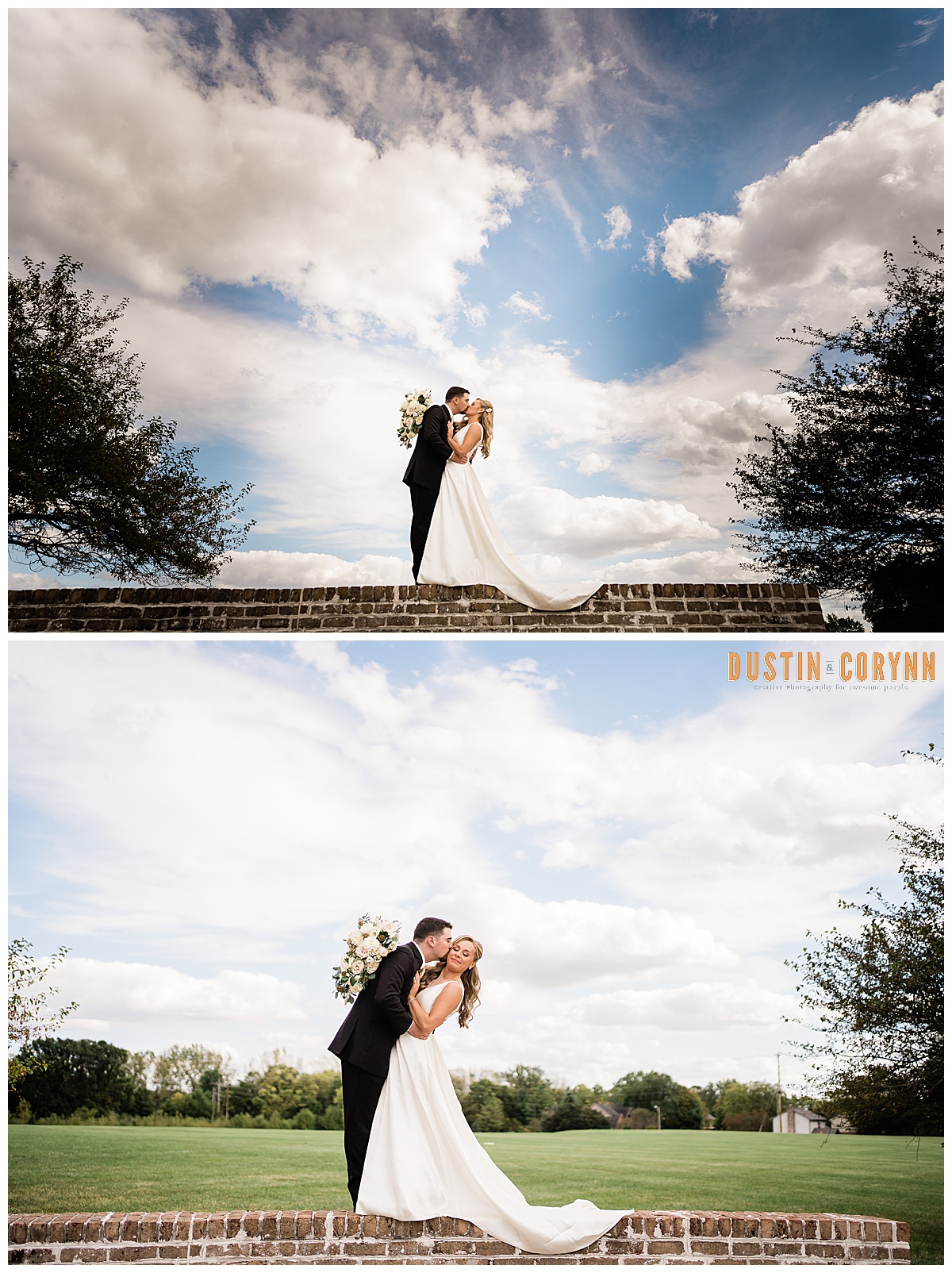 outdoor bridals with bride and groom embracing each other while standing on a brick half wall