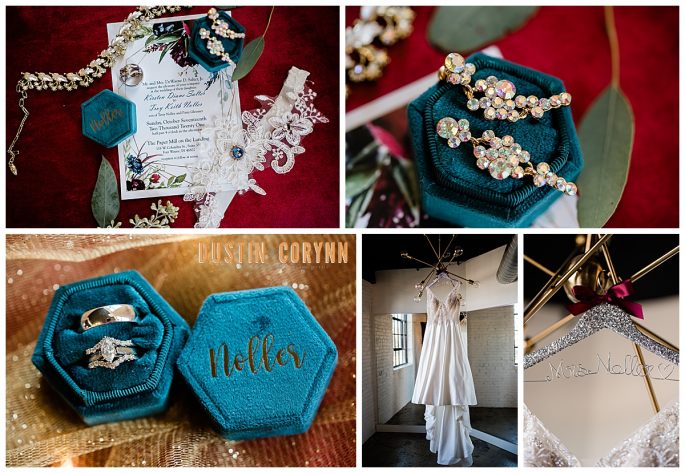 wedding detail shots of deep blue and red wedding details with engagement rings, jewelry and wedding invitations 