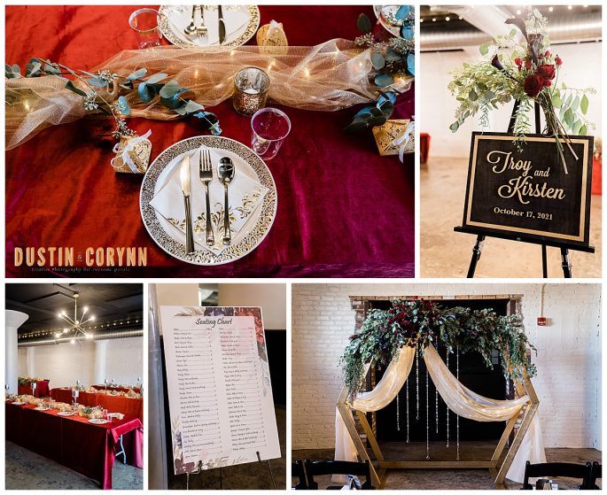 wedding details at Paper Mill wedding venue with wedding table setting with red table cloth and gold plates