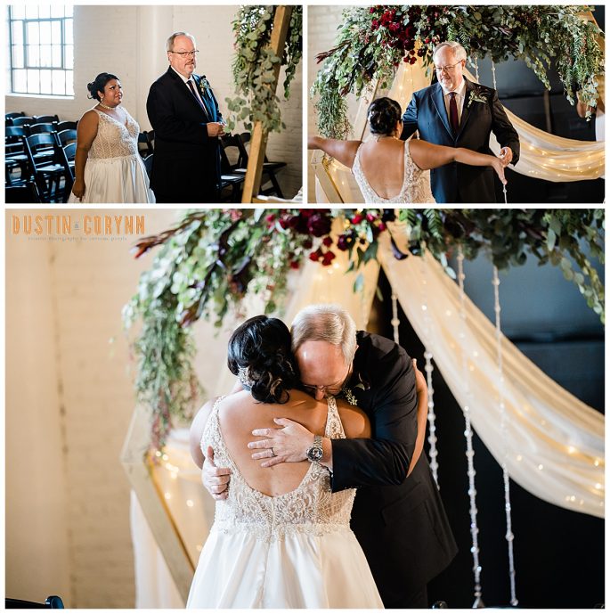 first look with bride and her dad at Paper Mill wedding venue