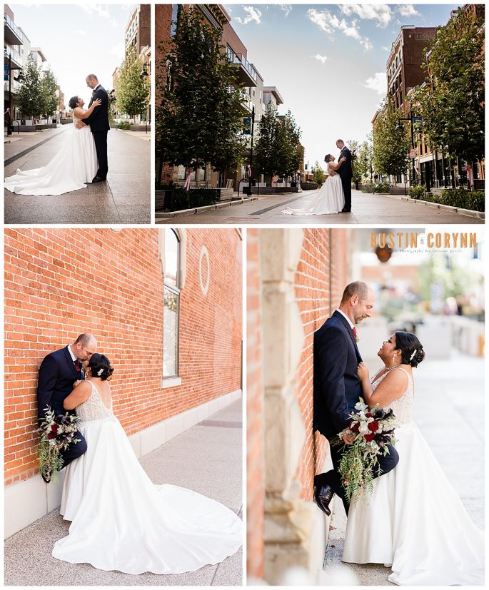 outdoor bridals in Fort Wayne with elegant couple against red brick wall