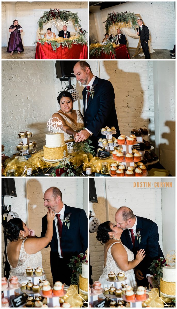 bride and groom cutting the wedding cake at their wedding reception and feeding each other cake
