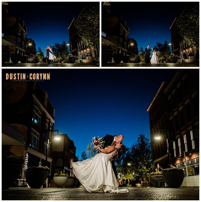 gorgeous night bridals with man dipping his bride back in the urban