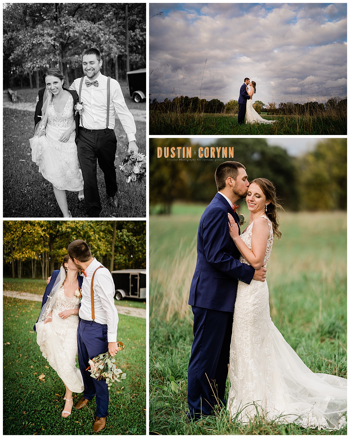 bride and groom have outdoor wedding photos in Indiana as they walk through a field together