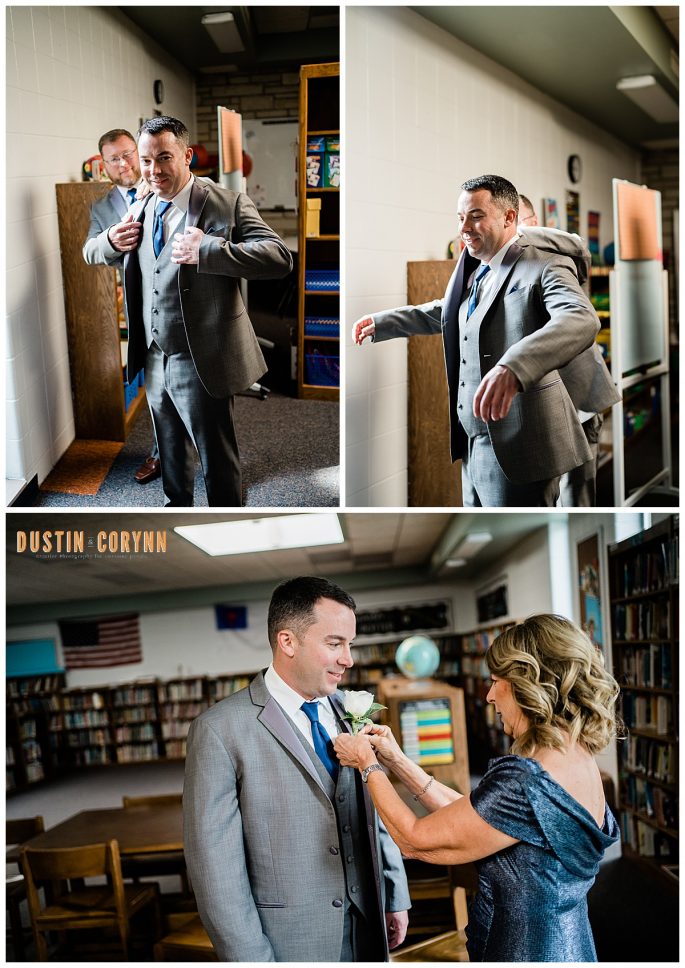 groom getting ready in a church library before his ceremony in Fort Wayne