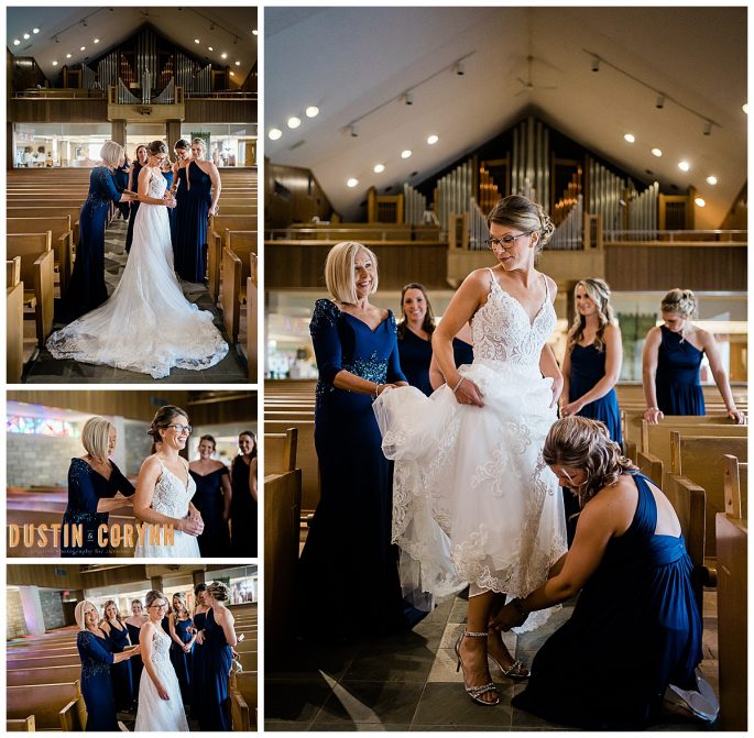 bride getting ready with her bridesmaids in a the church at Fort Wayne's Holy Cross