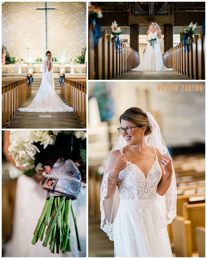 church wedding with bride in the chapel posing for images with her florals and veil in Fort Wayne 