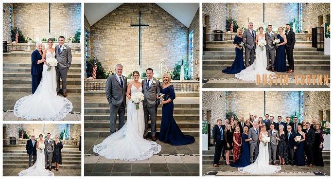 family photos in the Holy Cross Chapel for a wedding day with brides dress flared out