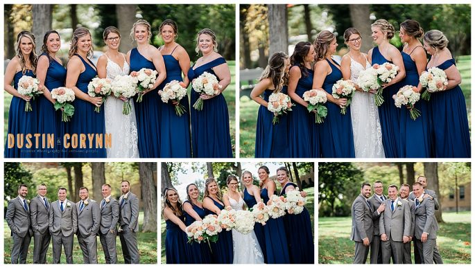 bridal party in royal blue dresses and grey suits 