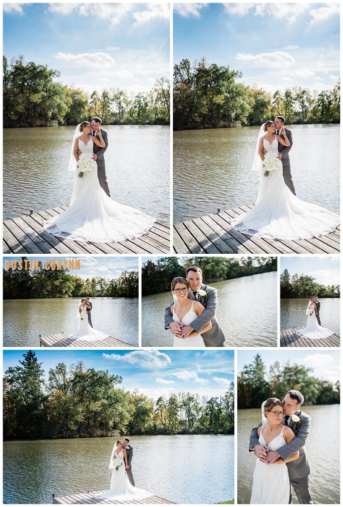 bride and groom out on a dock on the water with the sun shining down on them as they embrace one another in Fort Wayne 