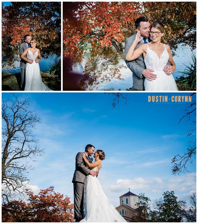 fall wedding in Indiana with bride and groom in the garden near their church in Indiana 