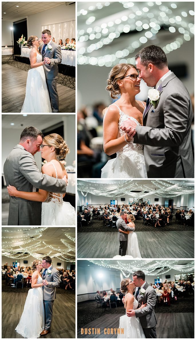 emotional first dance with bride and groom holding each other close 